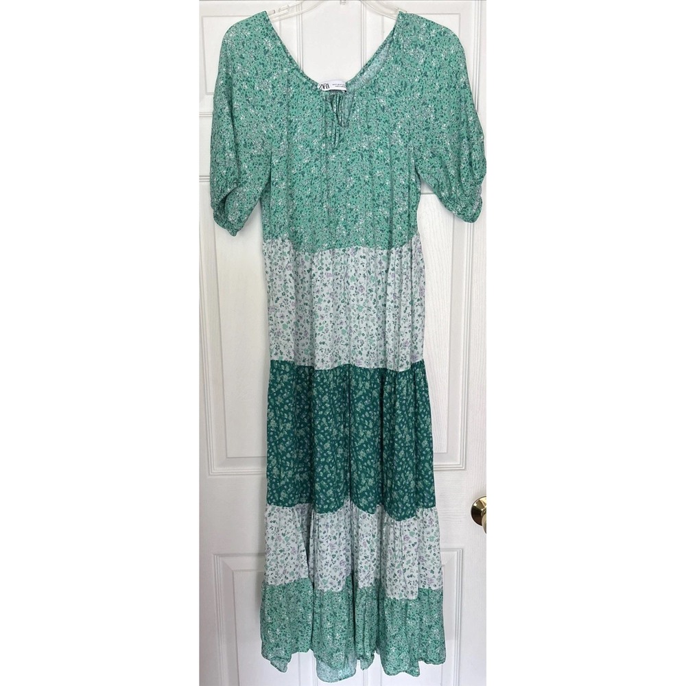 Zara Green White Floral Ruffle Maxi Dress M Patchwork Tiered Ditsy Prairie Boho